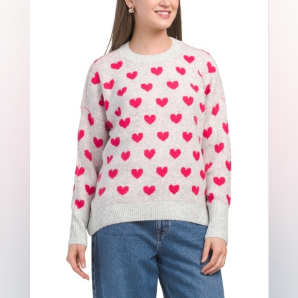 NWT - CeCe All Over Medium Hearts Pattern Crew Neck Stretch Sweater - Size L